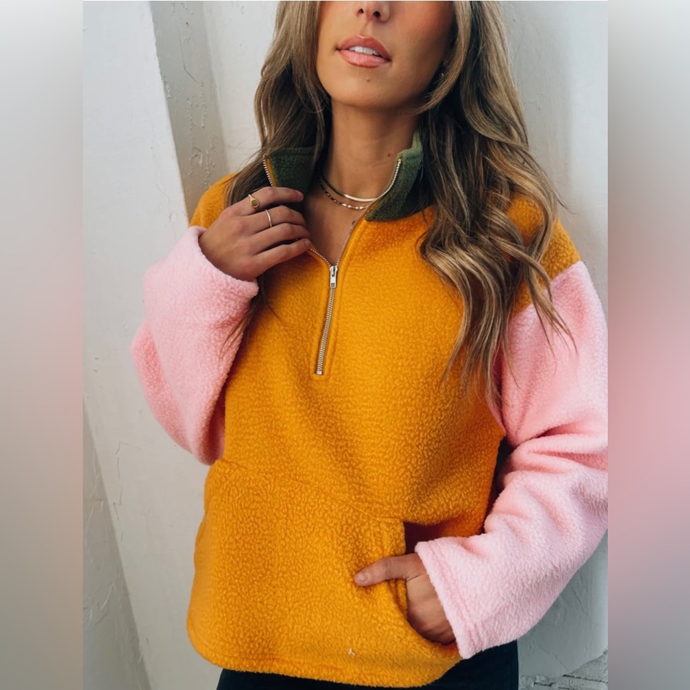 Tuckernuck Colorblock orange, pink, green quarter zip sweatshirt